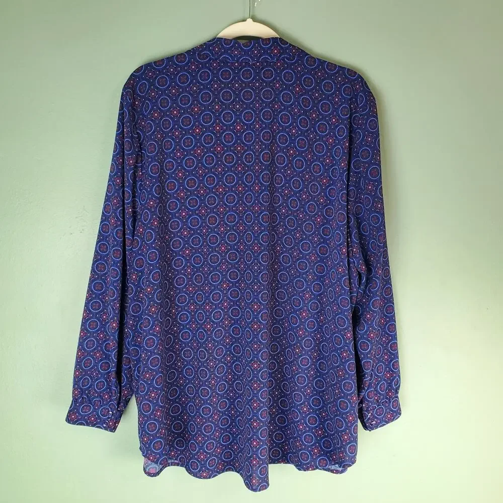 Catherines Womens Blue Geometric Button Front Long Sleeve Shirt Top Size 2X